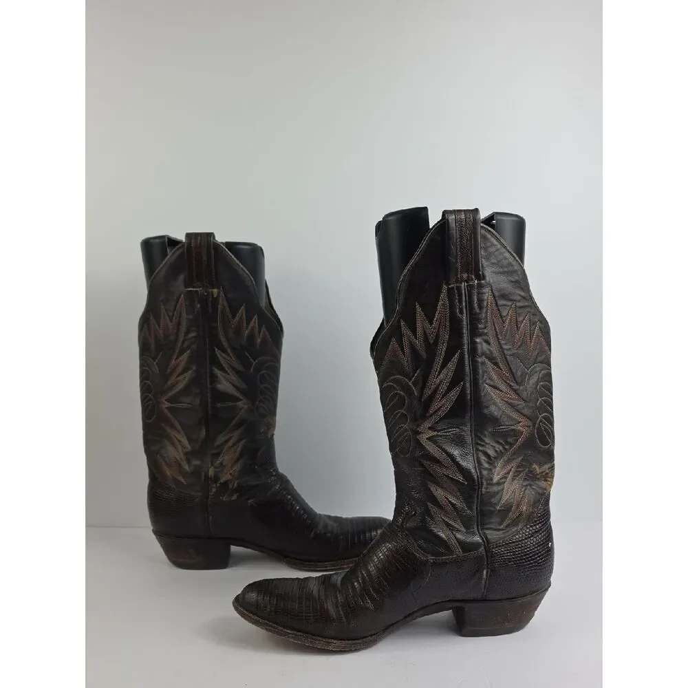 Vintage Sanders Boot Lizzard Brown Leather Men's Cowboy Boots Size 10 1/2
